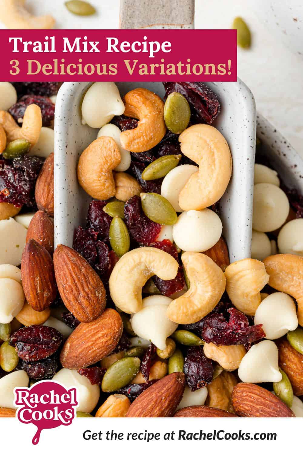 Trail Mix Recipe Pinterest graphic with text and photos.