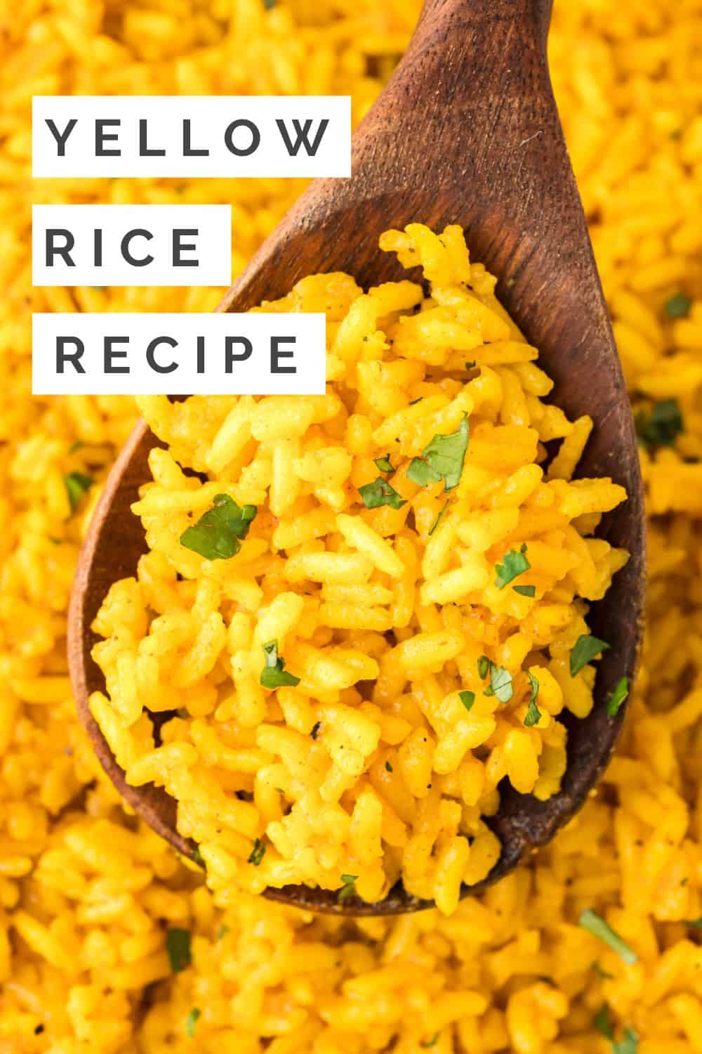 Yellow rice Pinterest graphic with text and photos.