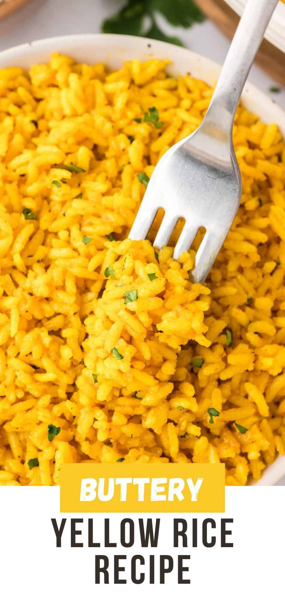 Yellow rice Pinterest graphic with text and photos.