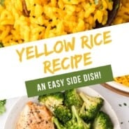 Yellow rice Pinterest graphic with text and photos.