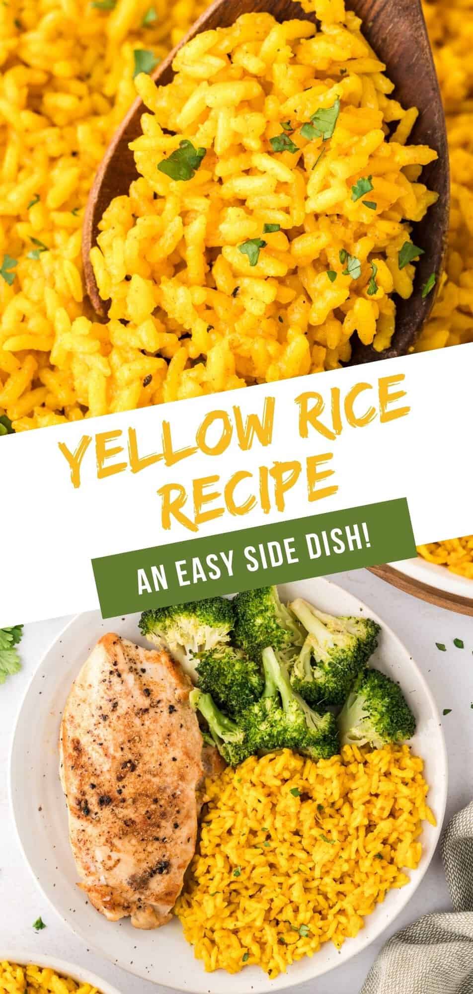 Yellow rice Pinterest graphic with text and photos.