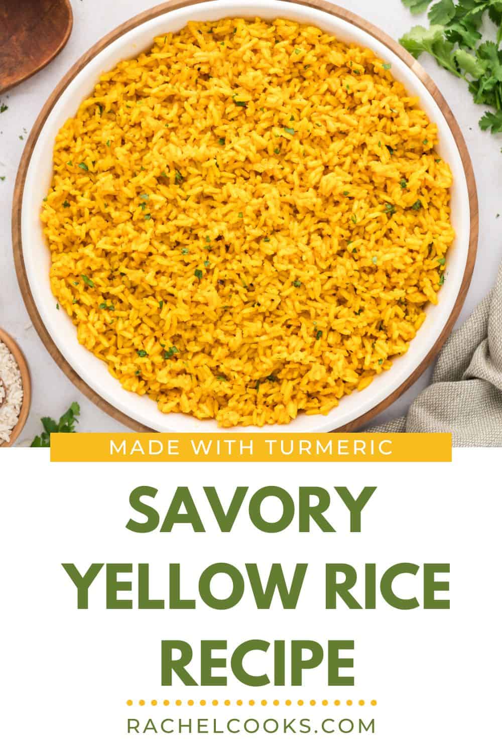 Yellow rice Pinterest graphic with text and photos.