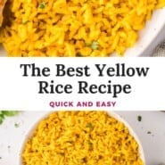 Yellow rice Pinterest graphic with text and photos.