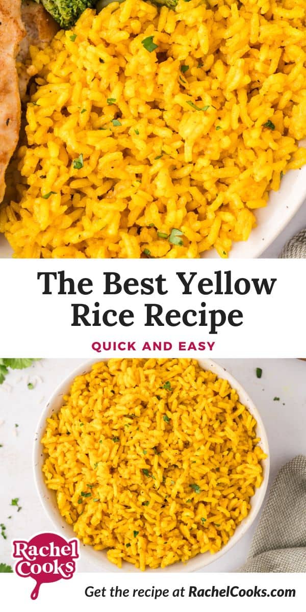 Yellow rice Pinterest graphic with text and photos.