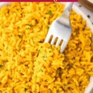 Yellow rice Pinterest graphic with text and photos.