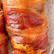 Bacon wrapped chicken breasts Pinterest graphic with text and photos.