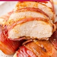 Bacon wrapped chicken breasts Pinterest graphic with text and photos.