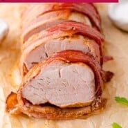 Bacon wrapped pork tenderloin Pinterest graphic with text and photos.