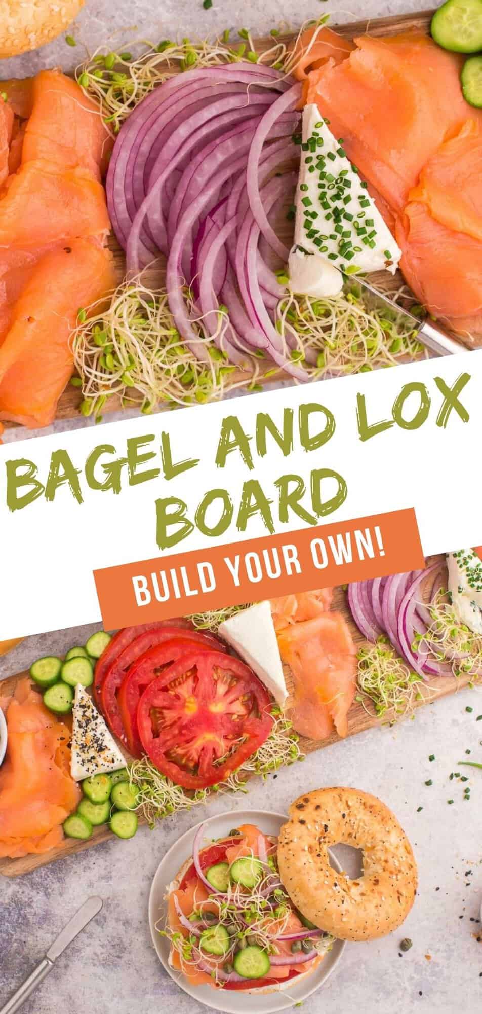 Bagel and Lox Board Pinterest graphic with text and photos.