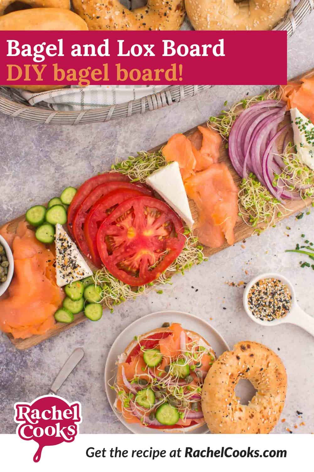Bagel and Lox Board Pinterest graphic with text and photos.