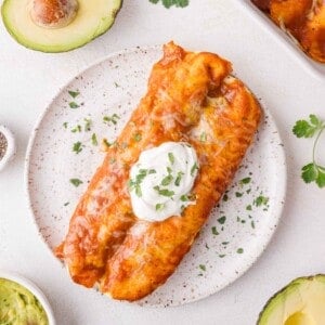 A plate with a cheese-covered enchilada topped with sour cream and herbs. Halved avocado, cilantro, salt, and another dish are nearby.
