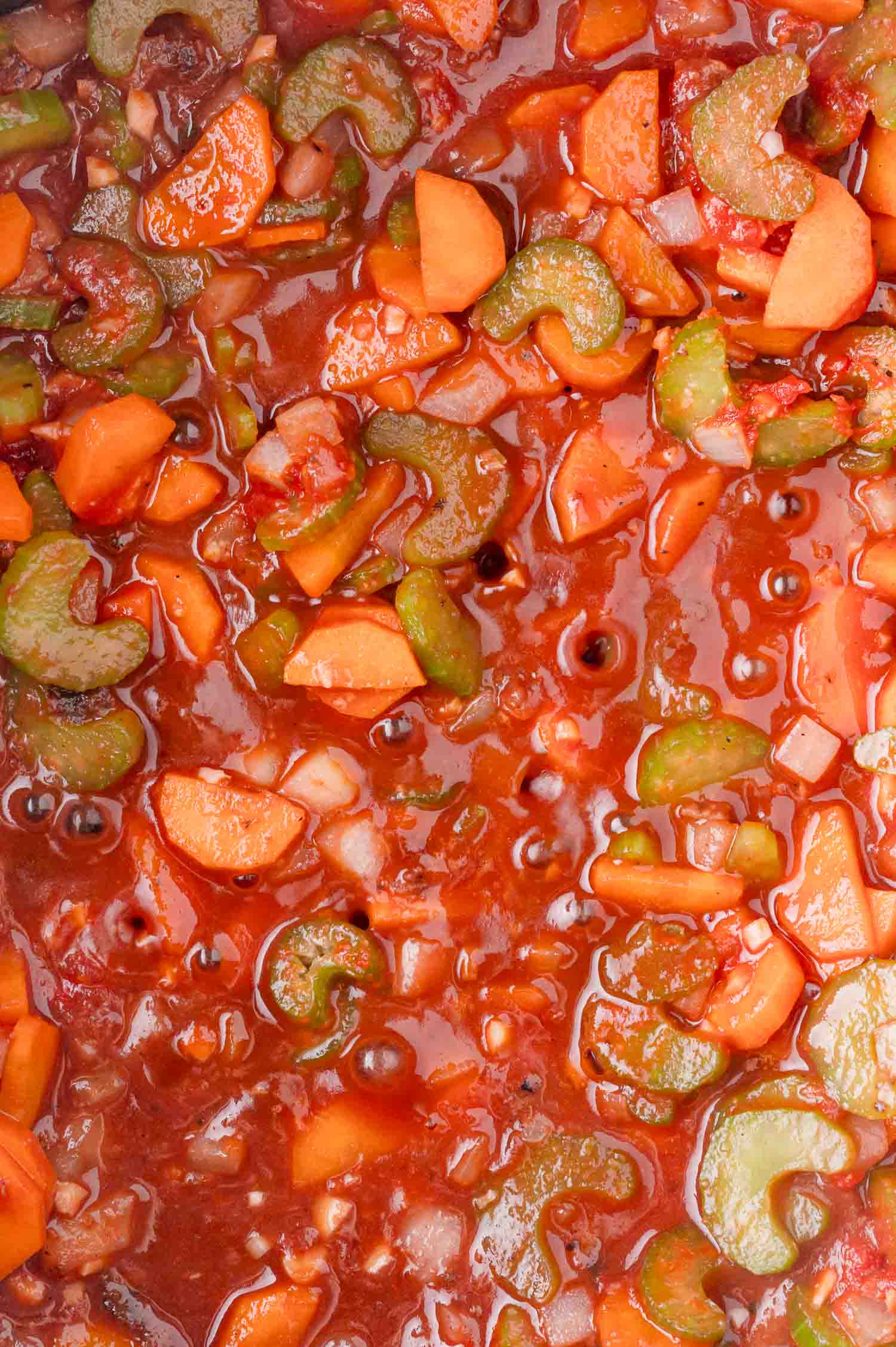 Close-up of diced carrots, celery in a rich, red tomato-based sauce, showing a variety of textures and colors.