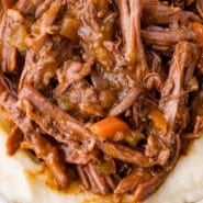 Braised beef Pinterest graphic with text and photos.