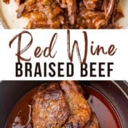 Braised beef Pinterest graphic with text and photos.