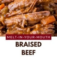 Braised beef Pinterest graphic with text and photos.