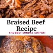 Braised beef Pinterest graphic with text and photos.