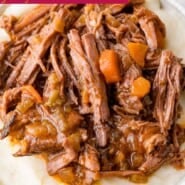 Braised beef Pinterest graphic with text and photos.
