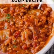Cabbage Roll Soup Pinterest graphic with text and photos.