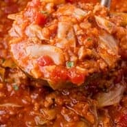 Cabbage Roll Soup Pinterest graphic with text and photos.