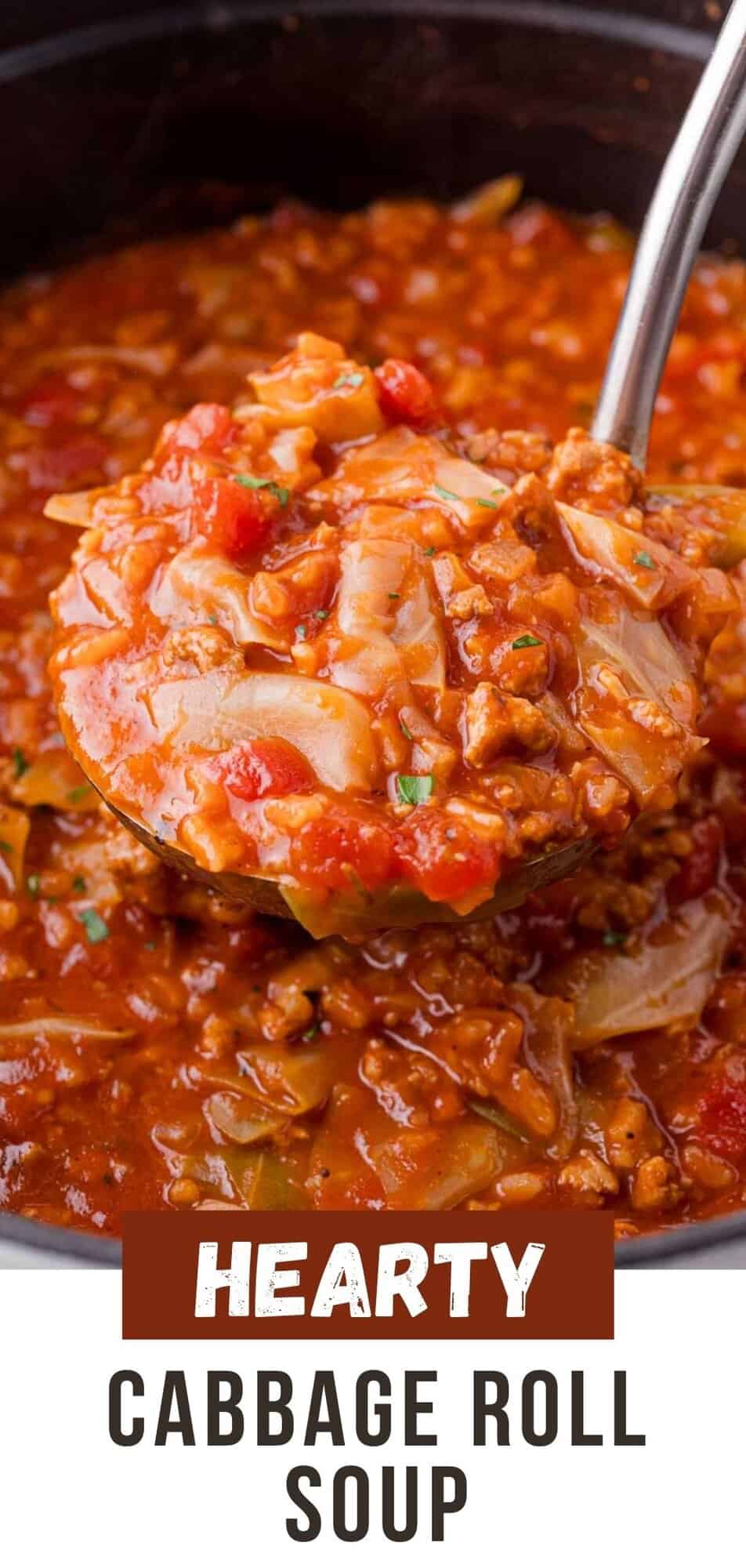 Cabbage Roll Soup Pinterest graphic with text and photos.