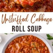 Cabbage Roll Soup Pinterest graphic with text and photos.