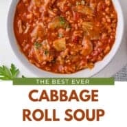Cabbage Roll Soup Pinterest graphic with text and photos.