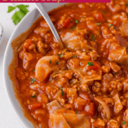 Cabbage Roll Soup Pinterest graphic with text and photos.