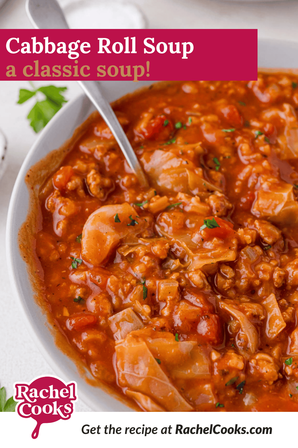 Cabbage Roll Soup Pinterest graphic with text and photos.