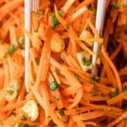 Carrot salad Pinterest graphic with text and photos.