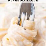 Cauliflower Alfredo Sauce Pinterest graphic with text and photos.