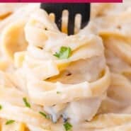 Cauliflower Alfredo Sauce Pinterest graphic with text and photos.