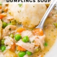 Chicken dumpling soup Pinterest graphic with text and photos.