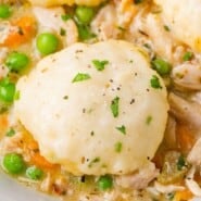 Chicken dumpling soup Pinterest graphic with text and photos.