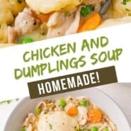 Chicken dumpling soup Pinterest graphic with text and photos.