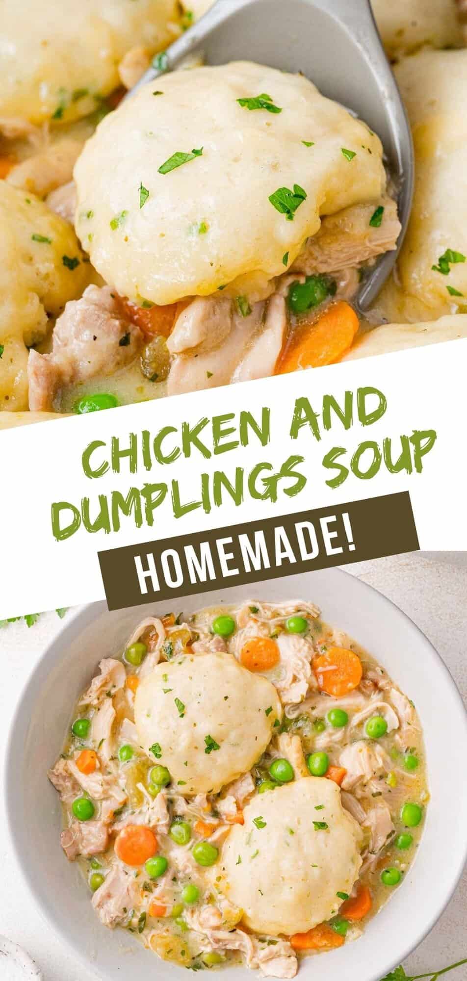 Chicken dumpling soup Pinterest graphic with text and photos.
