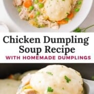 Chicken dumpling soup Pinterest graphic with text and photos.