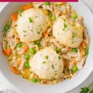 Chicken dumpling soup Pinterest graphic with text and photos.