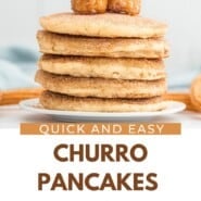 Churro pancakes Pinterest graphic with text and photos.