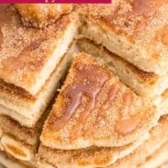Churro pancakes Pinterest graphic with text and photos.