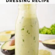 Creamy Avocado Dressing Pinterest graphic with text and photos.