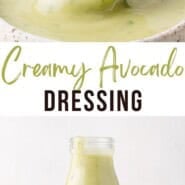 Creamy Avocado Dressing Pinterest graphic with text and photos.