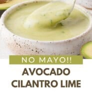 Creamy Avocado Dressing Pinterest graphic with text and photos.