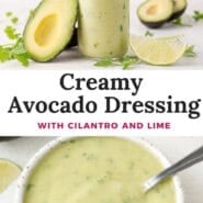 Creamy Avocado Dressing Pinterest graphic with text and photos.