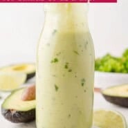 Creamy Avocado Dressing Pinterest graphic with text and photos.