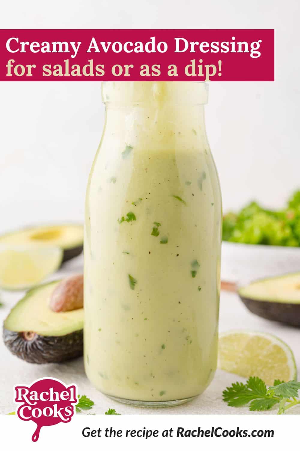 Creamy Avocado Dressing Pinterest graphic with text and photos.