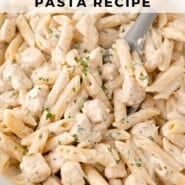 Creamy chicken pasta Pinterest graphic with text and photos.