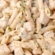 Creamy chicken pasta Pinterest graphic with text and photos.