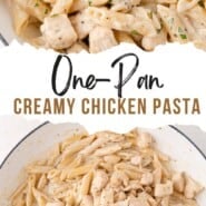 Creamy chicken pasta Pinterest graphic with text and photos.