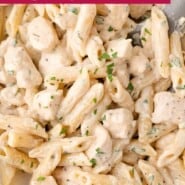 Creamy chicken pasta Pinterest graphic with text and photos.