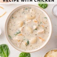 Gnocchi soup Pinterest graphic with text and photos.